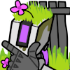 configuration_birdwatcher: Bastion with flowers and grass growing on them and the colours of the Tombstone skin, putting their hand to their chin in thought. (skin: grave flowers)