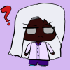 nailamoonsi: chibi raj stares at you wonderingly with falling white hair, silver eyes, and an anime scowl frown, seeming incredibly confused and wondering with a red question mark by him. he has dark brown skin and wears a lavender panjabi with three raindrop buttons and purple pants (my oc raj)