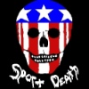flourish: an american flag patterned skull captioned "sport death." "only life can kill you" writ in place of teeth. (sport death only life can kill you)