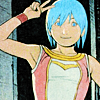 javert: linda (a girl with short blue hair) doing a peace sign (misc linda)