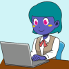 warm_abacus: a periwinkle character using a laptop (hot calc)