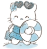 enchantedsleeper: A blue and white drawing of Hello Kitty in heart-shaped sunglasses and a dress, carrying a rubber ring. (summer kitty)