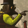 early_to_rise: A Lethal Company character in a fluorescent yellow-green hazmat suit, plague doctor mask on the front of the helmet, and top hat, pointing from her eyes to something offscreen. (Default)