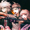 mikogalatea: Hajime, Nagito and Chiaki from Dangan Ronpa 2, all standing in a row and giving the pointer finger. ([DR2] Hajime/Nagito/Chiaki)