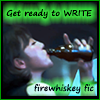 amedia: Beautiful young Chinese woman drinking beer; caption at top says GET READY TO WRITE; caption at bottom says FIREWHISKEY FIC (FWF-Zhu Hong)