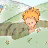 museaway: Illustration of The Little Prince lying on his stomach with his arms crossed, looking pensive (triste)
