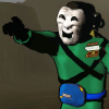 decomposingoncompanytime: A Masked from Lethal Company wearing a green hazmat suit and a blue belt bag, pointing past the camera, outdoors. (Default)