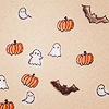yarnofariadne: small illustrations of bats, pumpkins, and ghosts on a light pink background (misc: night creatures call)