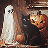 yarnofariadne: painting of a small ghost next to a jack of lantern and a black cat (misc: set your heart on haunting me)