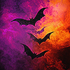 yarnofariadne: three black bats flying through purple and orange smoke (misc: evil in the air)