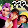 linky: Rumi, Mira, and Zoey looking confused. There are three text question marks over them. (KPDH: Polytrix - Confused)