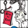 watersword: A Dr. Seuss drawing of a fantastical creature solemnly reading a book entitled "How to Cook" (Stock: How To Cook)