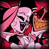 sarajayechan: Rosie cheerfully reminding Alastor, in song, that he belongs to her as she squeezes his chin. He's not remotely as okay with it as he looks. ([Hazbin Hotel] RadioRose)