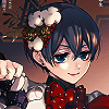 ragnafinity: Ciel from Black Butler with a Christmas bow around his neck and winter plants in his hair. Slightly offscreen, he is holding a plush rabbit of Sebastian. (kuro | xmas)