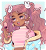 fitia: A cartoon drawing of a brown-skinned girl with pink hair and pigtails looking happily at her flip-phone (General Media Thoughts)