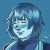bringmoreknivez: A monochromatic drawing of Falin Touden from Dungeon Meshi. She is facing slightly to the left and smiling with her eyes closed. She is drawn entirely in shades of blue. The background is scribbly and blue. (falin)