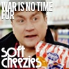adevyish: Icon of Mark Critch holding a bag of Hawkins saying "War is no time for soft cheezies" (soft cheezies)