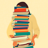 sixbeforelunch: An illustrated image of a woman holding a towering stack of books. No text. (Default)