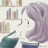 camelliacats: A digital sketch of a girl with mauve, bobbed hair, wearing a blue headband and turtleneck. She is viewed in profile and glances to her left at the viewer with a book cracked open in front of her blushing face. On the wall behind her, books of various sizes line three shelves. (Default)