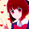 autumninpluto: Kana making a peace sign with hearts in the background ([onk] peace kana)