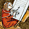 original_fic: a small brown clad monk, drawn in a medieval manuscript style,  sits at a writing desk with a small smile on their face. (Default)