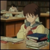 js_thrill: shizuku from whisper of the heart, at a library table, reading intensely (reading)