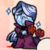 frankrtwiw: A weeping man with sweeping silver hair holds his cloak in one hand and a rose in the other. He stands before a body with a rose stem in its back. (tragic lover)