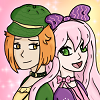 arias_hollow: Close up of two characters, one with long hair and a large bow on his head, the other with a bob and a hat on their head. (Default)