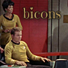 anghraine: kirk and uhura from tos in their matching command uniforms in "the corbomite maneuver"; text: bicons (with a heart for the dot in the i) (kirk and uhura [bicons])