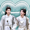 tarlanx: Huaien and Xiabao walking together on pale blue-green background with a heart (Cdrama - Meet You at Blossom 2 - HX)
