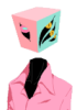 aetherograph: A black demon in a pink button-down shirt. His head is a floating cube with pastel pink and green sides and sfour strange eyes asymmetrically placed on two of the sides. (Default)