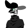 aetherograph: A black demon in a chunky black turtleneck sweater and a black sunhat. His head is a notebook splattered with viscous black stuff and has a single eye on it. (Inky Notebook Object Head)