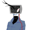 aetherograph: A black demon in a blue button-down shirt. His head is a CRT TV with a branch through the screen. One eye stares over the static on the screen. (Static Broken TV Object Head)