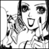 hexenprinzessin: Monochrome manga illustration of a young woman with short dark hair and dark makeup cheerfully talking on a flip phone. (nana)