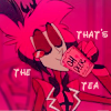 magnavox_23: Alastor drinking tea from a cup that says 'oh deer' (Hazbin_Alastor_thatsthetea)