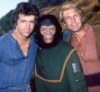 aelfgyfu_mead: Planet of the Apes tv main characters: Pete Burke in blue shirt, Galen (the ape) in green, Alan Virdon in brown/orange with a brown vest (Planet of the Apes)