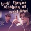 magnavox_23: Jack & Daniel pointing up at text 'look they're slashing us right now!' (Stargate_Jack/Daniel_theyareslashingus)