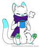 solon_kitten: A white cat with azure markings, wrapped in a scarf and holding a cup of coffee (solon_coffee)