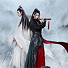 elf: Lan Wangji and Wei Wuxian stand back to back on a white foggy mountaintop. Wangji has his sword down but read; Wuxian is preparing to play his flute. (Untamed)