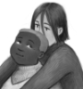 peach_soft: murderbot hugging mensah from behind digital drawing in grayscale (Default)