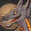 corvarrow: Fluffly dragon/Gryphon looking creature making a happy face in front of a semi grayscale synthwave sun (Arrow Subdued Synth)