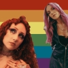 isabrella: Zolita and Chappell Roan on a desaturated rainbow flag background (zolita gay)