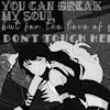 sarajayechan: Blake protecting Yang, who's passed out after Adam cut her arm off. The text reads "you can break my soul, but for the love of god don't touch her" ([RWBY] Bumbleby battle)