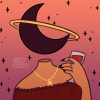 hexcursed: a sunset colored background with a moon headed being holding a glass of wine in a cartoon style (Default)