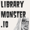 librarymonster: "Library Monster.io" in old movie monster font. There's a comic book-style fem face with glasses & underbite fangs. (lm.io, lmio)