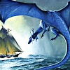 galadhir: A blue dragon hovers in the air above a small boat (Pern dragon)