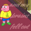 lilly_c: Clarence on a landing wearing a yellow dinosaur jumper blue shorts and green crocks and my brains fell out in blended text (Clarence - and my brains fell out)