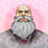 princessal: The judge from Ace Attorney, a bald old man with a long grey beard. The background is pink and covered in dreamy sparkles and bubbles. (Judge-chan)
