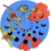 thepomegranatewitch: a sky blue circle with a branch on it, overlaid with a spiral of black moon phases circling to the center. The branch has seven pomegranate flowers in various stages of budding and blooming. (Default)