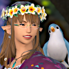 anneapocalypse: A blonde-haired Elezen character wearing a flower crown and glasses, grinning at a bluebird on her shoulder, with a tiny bluebird earring in the opposite ear. (Default)